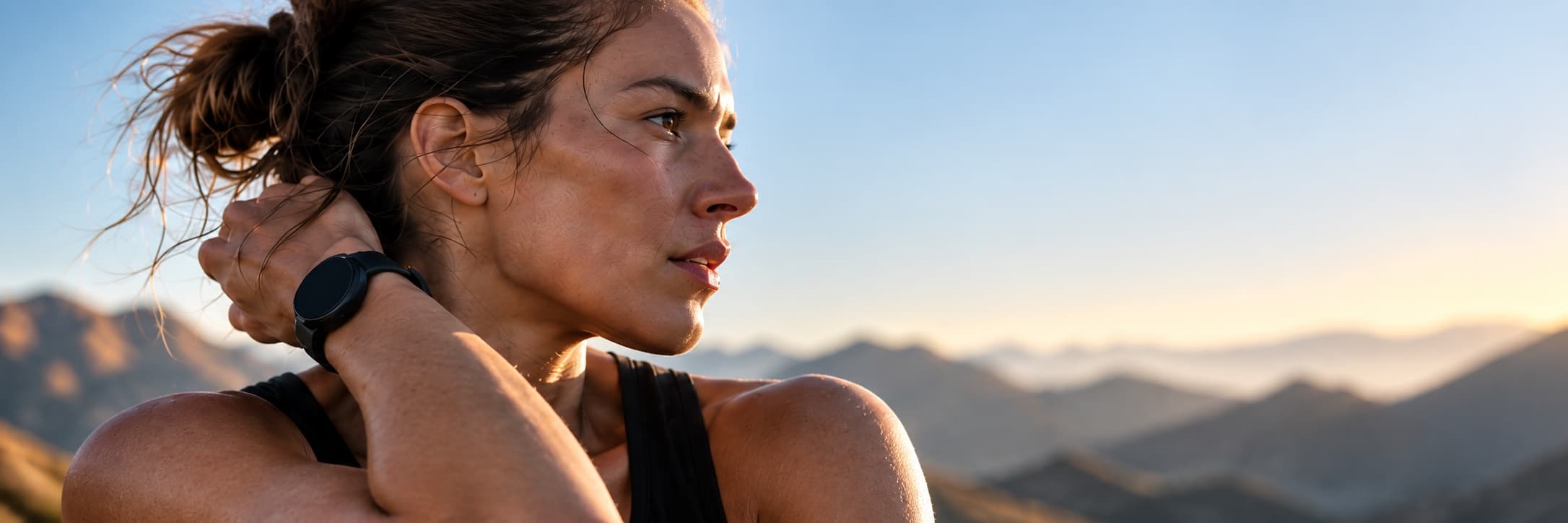 An athlete wearing a black smartwatch pauses on a mountain trail.